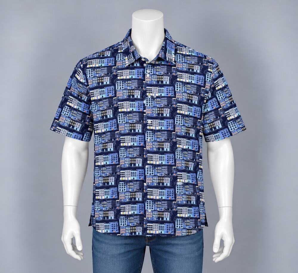 Hart Schaffner Marx Luxury Performance Polo Shirt Mens Sz XXL Cityscape Print